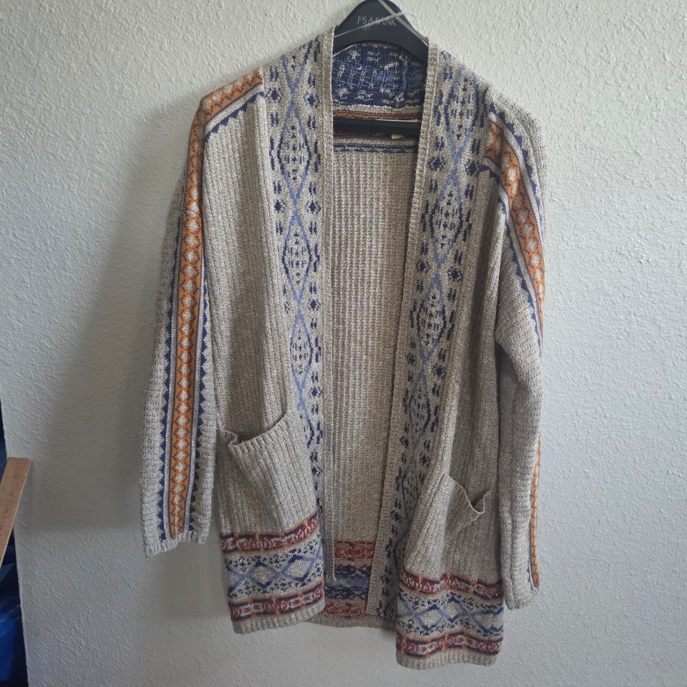 Lucky Brand Southwestern Cardigan Sweater Womens Size M Oatmeal Blue Orange